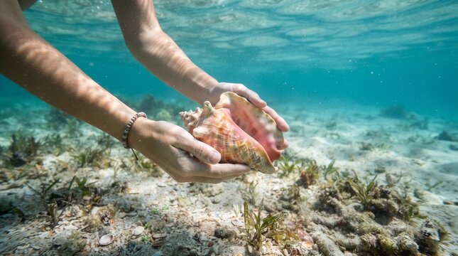 Conch shell in crystal clear turquoise water. Underwater photo of hands holding a pink sea seashell above a sandy ocean floor with sunlight rays. Tropical beach vacation and marine life exploration