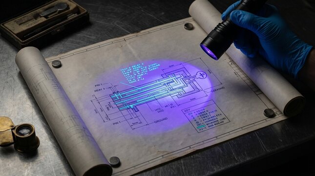 Hand in Black Glove Using UV Light to Reveal Cryptic Message on Old Paper