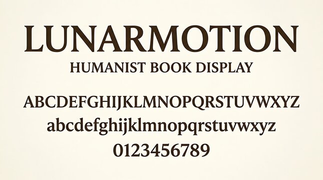 Lunar Motion Humanist Book Display Font Specimen with Alphabet and Numbers