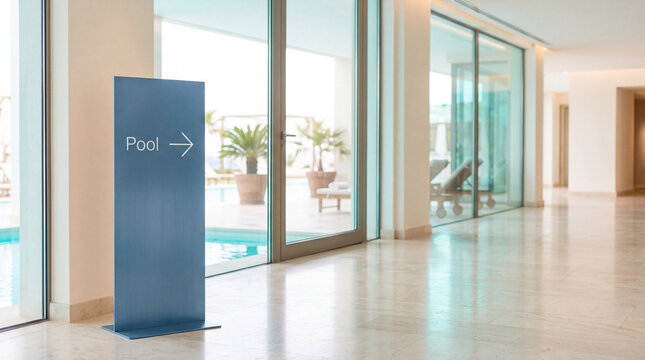 Directional blue sign pointing to swimming pool in a luxury hotel hallway