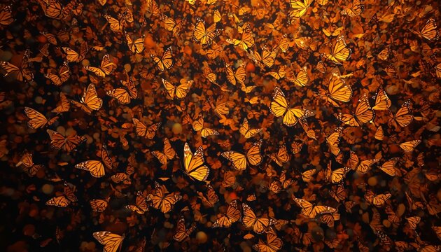 Monarch butterfly migration aerial view orange swarm concept background