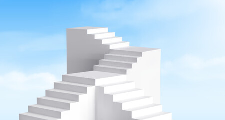 Obraz premium White 3D staircase podium against blue sky background. Vector realistic illustration of abstract multi-level stairs product presentation, heavenly backdrop with light clouds, personal growth concept