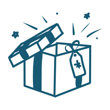 Hand drawn minimalist  gift box blue line art  illustration isolated on white background.