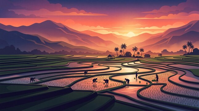 Flat Vector Afternoon Rice Fields Landscape with Worker Silhouettes