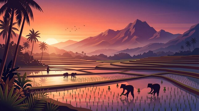 Flat Vector Landscape of Sunset Rice Fields with Silhouettes of People Working