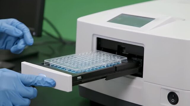 Laboratory microplate reader machine with scientist hands in blue gloves, automated biochemical analysis equipment for medical research, high-tech diagnostic tool for clinical testing