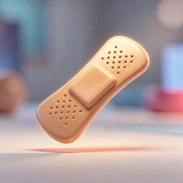 Floating 3D adhesive bandage for first aid and medical care, stylized tan plaster over soft bokeh background for healthcare