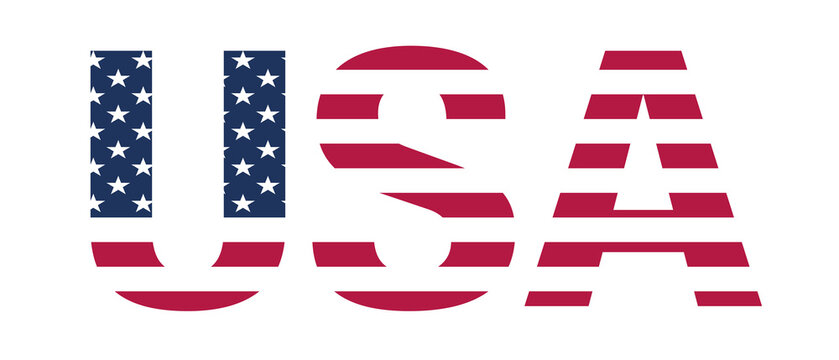 Patriotic text USA with creative flag layout and horizontal stripes on transparent or white background for American holidays