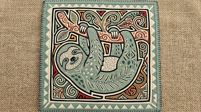 Charming mola sloth, layered fabric folk art print