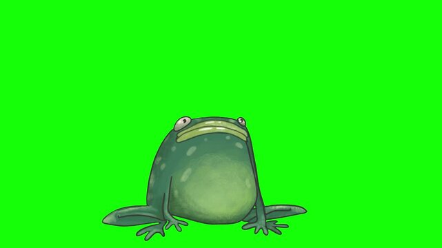 Animated green frog showing Crap text reaction and shooting long tongue on green screen backdrop.