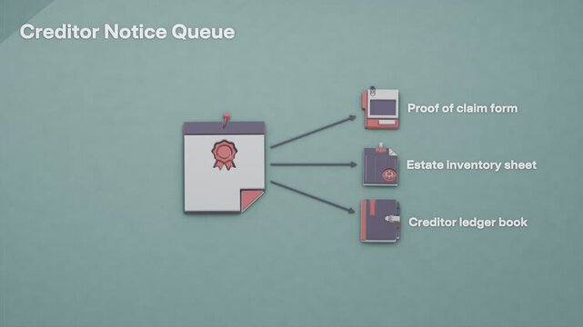 Notice to creditors initiates a probate claims workflow linking the filed estate inventory, returned proofs of claim and ledger entries recording allowance or objection. Flat 3D style; objects