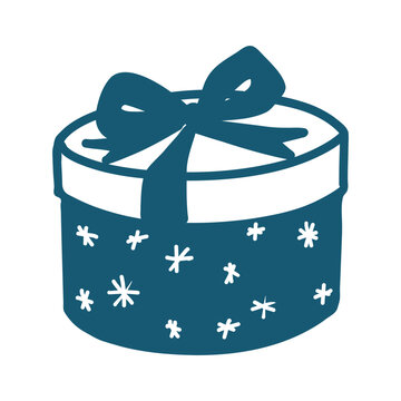 Hand drawn minimalist round gift box blue line art  illustration isolated on white background.