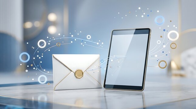 Digital communication concept showing an envelope being sent from a modern tablet computer with communication envelope technology electronic internet business