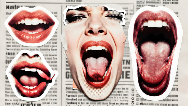 Screaming mouths Collage: A collage of screaming mouths and lips, some with tongues visible, conveying intense emotion and expression against a newspaper background.