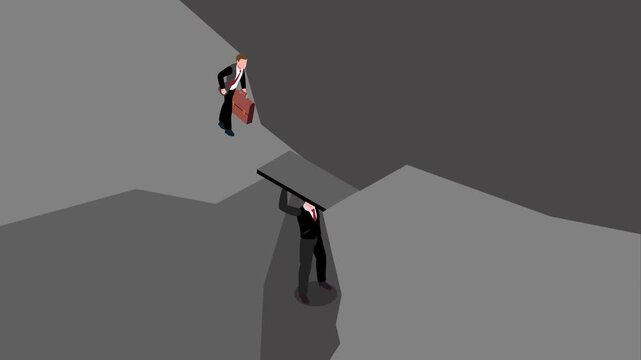 Businessman Holding Bridge for Partner Over Chasm 3d animation cartoon