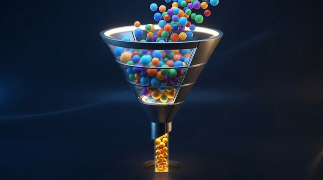 Funnel filtering colorful spheres into a glowing gold tube against a dark background with colorful analytics business abstract technology workflow management