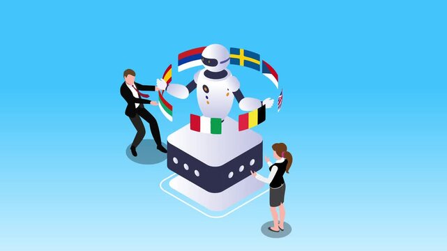 AI Translator Robot and Multilingual Language Interpretation 3d animation cartoon