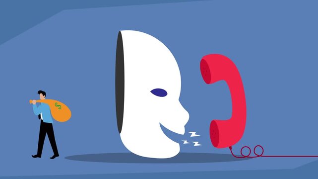 Phone Scam Concept with Man Carrying Money Bag Behind Mask cartoon animation