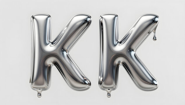 Two Silver Letter K Balloons: Two identical, lustrous silver letter K balloons, one perfectly formed and the other slightly deflated with a drip effect, floating against a neutral background.