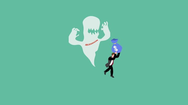 Businessman Running Away with Money Bag from Recession Ghost Concept 3d animation cartoon