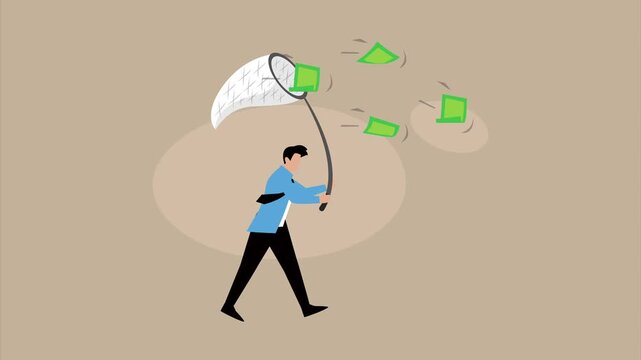 Businessman chasing flying money with a butterfly net animation loop cartoon animation