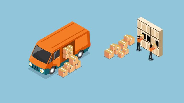 Delivery Van Unloading Packages to Parcel Lockers 3d animation cartoon