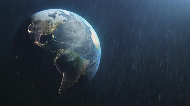 Planet Earth rotating in atmospheric rain during a dark cinematic storm with global environmental concept