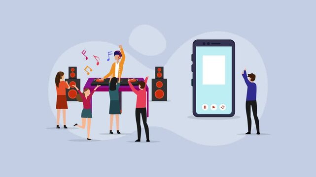 Online Live Concert Streaming with DJ and Dancing Audience on Smartphone cartoon animation