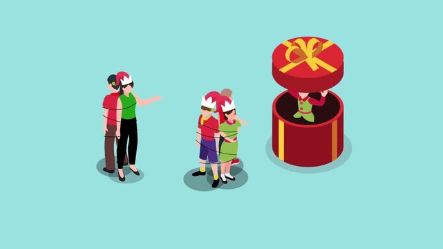Family tied up with Christmas lights looking at elf popping out of gift box 3d animation cartoon