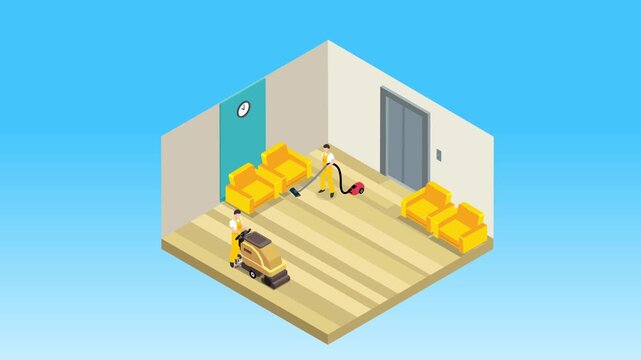office cleaning service workers polishing and vacuuming floor 3d animation cartoon
