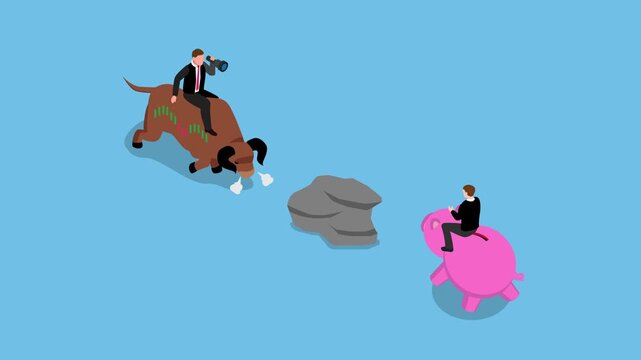 businessmen riding stock market bull and piggy bank 3d animation cartoon