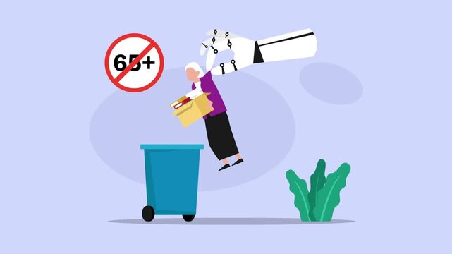 AI robotic hand throwing elderly worker into trash bin age discrimination cartoon animation
