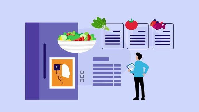 Smart AI refrigerator generating meal recipes and nutrition plans for man cartoon animation