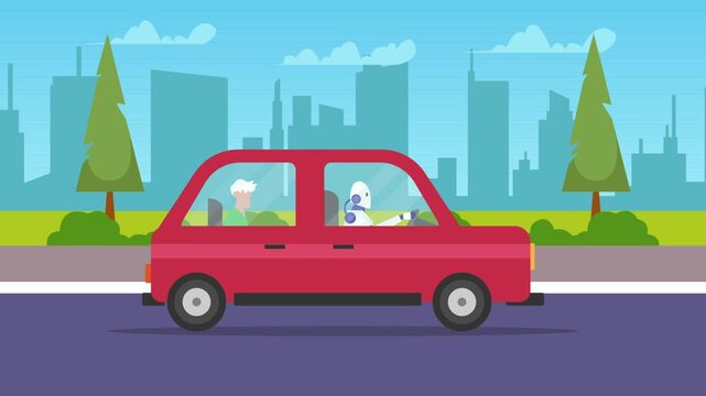 Autonomous AI robot driving red car with senior passenger in city cartoon animation