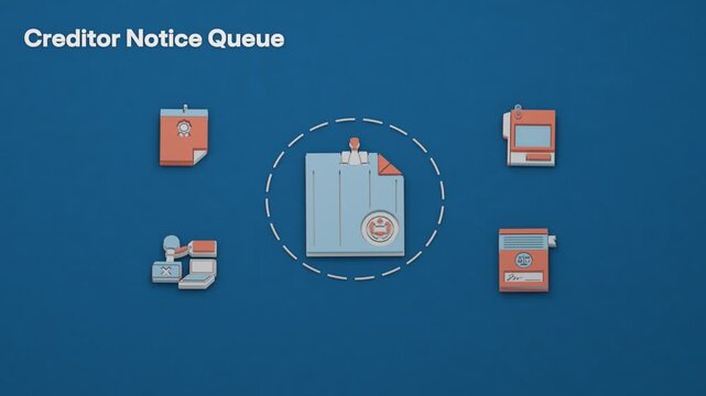 Probate proceeds from estate inventory filing and creditor notice to proof of claim and allowance or objection, with one stage foregrounded as others await their turn. Flat 3D style; an English title