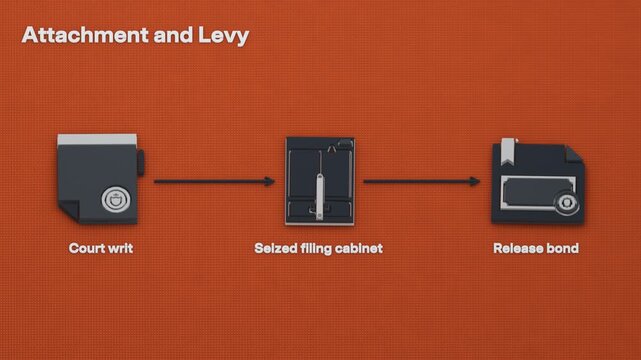 A court writ authorizes a levy on property, which remains under seizure pending a release bond or execution sale. Flat 3D style; objects labelled in English.