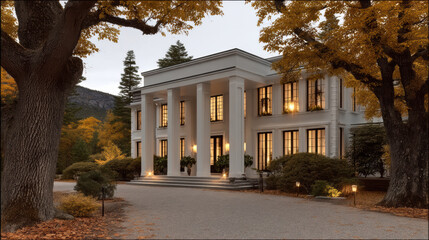 Obraz premium Elegant mansion, white facade, grand columns, autumn trees, evening light, luxury residence, serene atmosphere