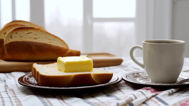 Cozy Winter Morning Breakfast Table with Buttered Bread and Coffee Mug