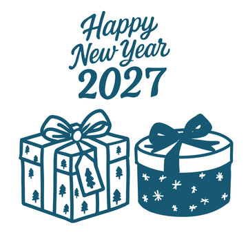 Happy New Year 2027 hand drawn lettering with festive gift boxes, ribbons and Christmas tree patterns. Winter holiday greeting illustration for cards, banners, posters and seasonal designs.