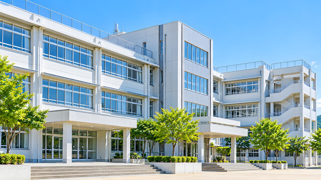 青空と緑に囲まれた明るい学校校舎の外観