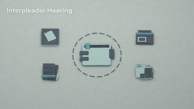 Interpleader brings disputed funds before the court, with claimant objections awaiting a hearing before a distribution order is issued. Flat 3D style; an English title card.
