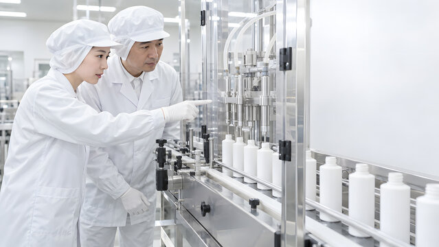 工場の充填ラインを点検する日本人技術者二人