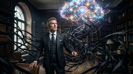 Fototapeta premium Man in Suit with Digital Brain, Innovation Concept, Artificial Intelligence