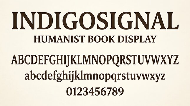 Indigo Signal Humanist Book Display Font Specimen with Alphabet and Numbers