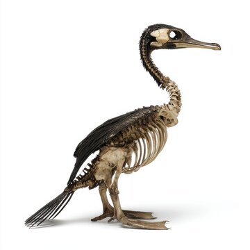 Anatomical Skeleton Of A Cormorant Bird Isolated On A Plain White Background For Scientific Study