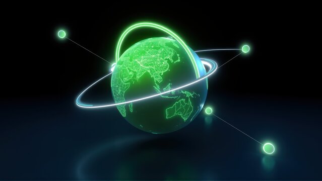 Glowing Earth surrounded by neon rings, connections. Futuristic digital planet concept, dark background. Visual representation global network.