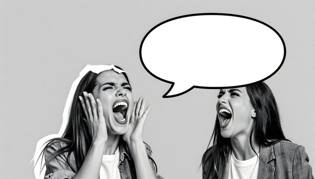 Anguish and Outrage: Two women express extreme distress and anger, their faces contorted in anguish, with a blank speech bubble hovering above them, ready for a message.