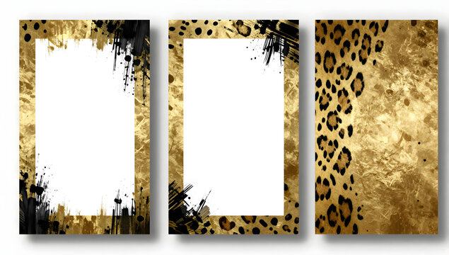 Leopard Print and Gold Splatter Design Frames: Three unique design frames featuring a luxurious gold distressed texture combined with abstract black ink splatters and a striking leopard print border.