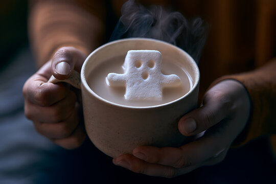 Warm drink with a ghost shaped marshmallow during cozy Halloween celebration at home