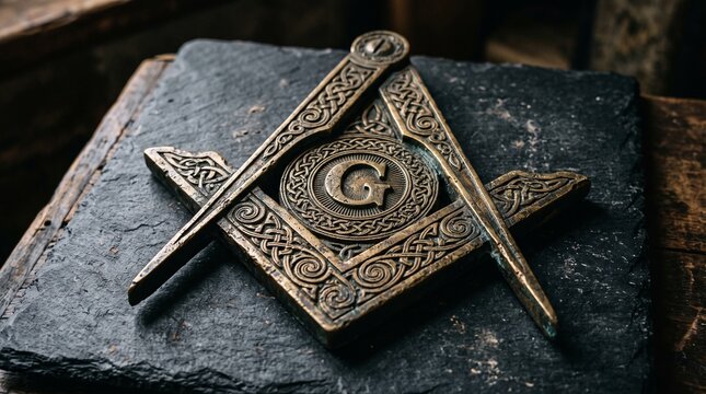 Vintage bronze masonic square and compass symbol with letter G on dark slate stone background, rustic artifact